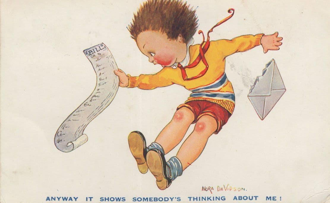 Bills List Child Being Adult Monday Debts Comic WW2 Postcard