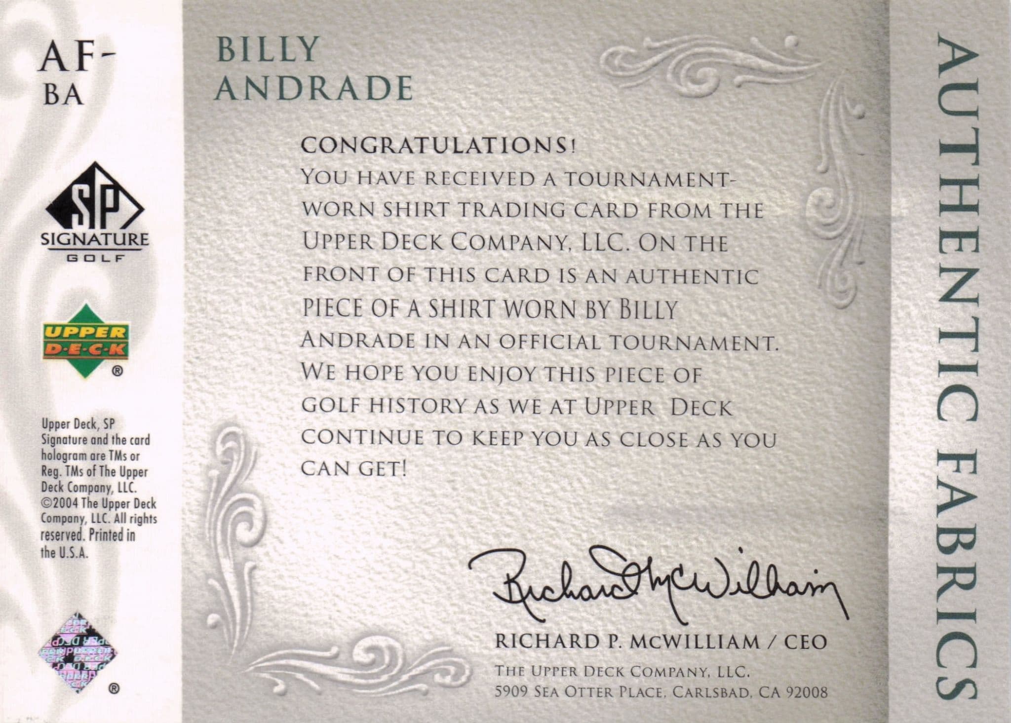 Billy Andrade Authentic Fabrics 2004 Upper Deck Real Golf Shirt Card