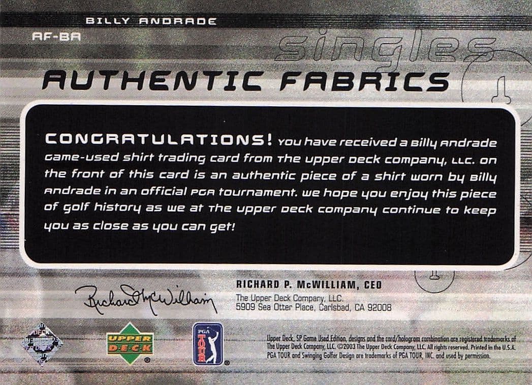 Billy Andrade Authentic Fabrics Singles Golf 2003 Upper Deck Worn Shirt Card