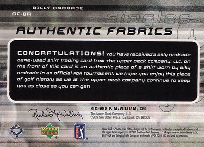Billy Andrade Authentic Fabrics Singles Golf 2003 Upper Deck Worn Shirt Card