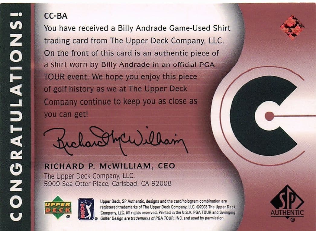 Billy Andrade Course Classics 2003 Authentic Worn PGA Tour Golf Shirt Card