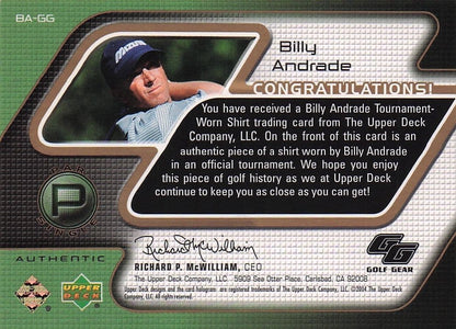 Billy Andrade Golf Gear Player Shirt Swatch Upper Deck Card