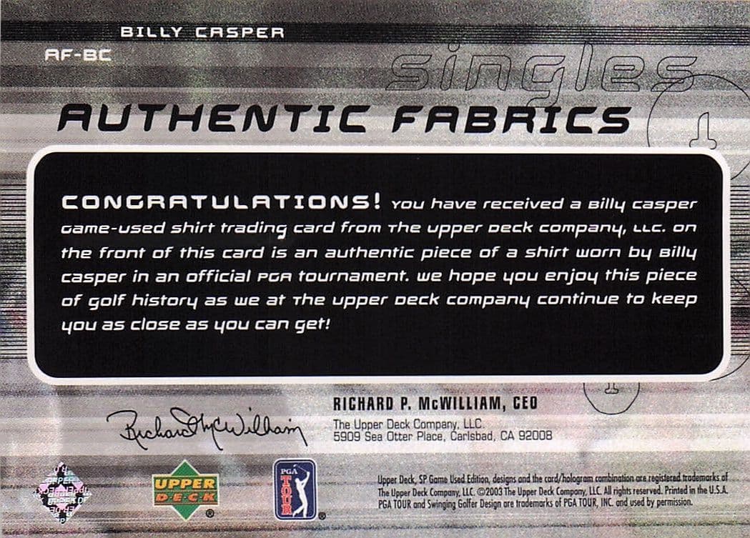 Billy Casper Authentic Fabrics Singles Golf 2003 Upper Deck Worn Shirt Card