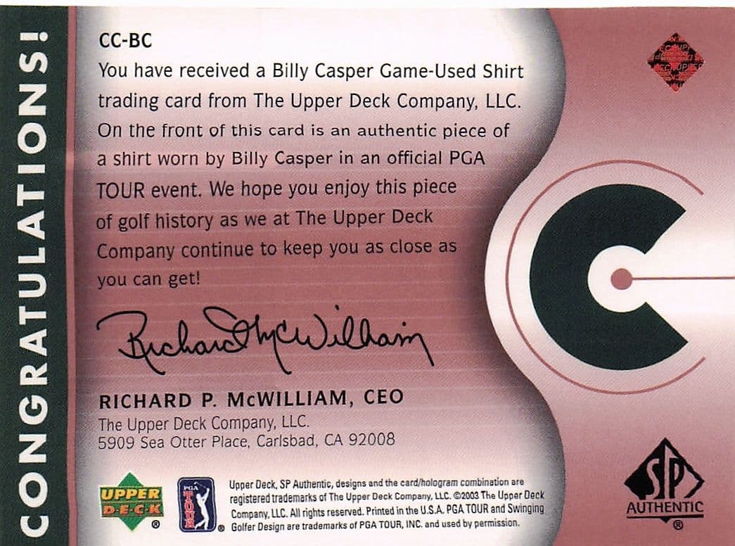 Billy Casper Course Classics 2003 Authentic Worn PGA Tour Golf Shirt Card