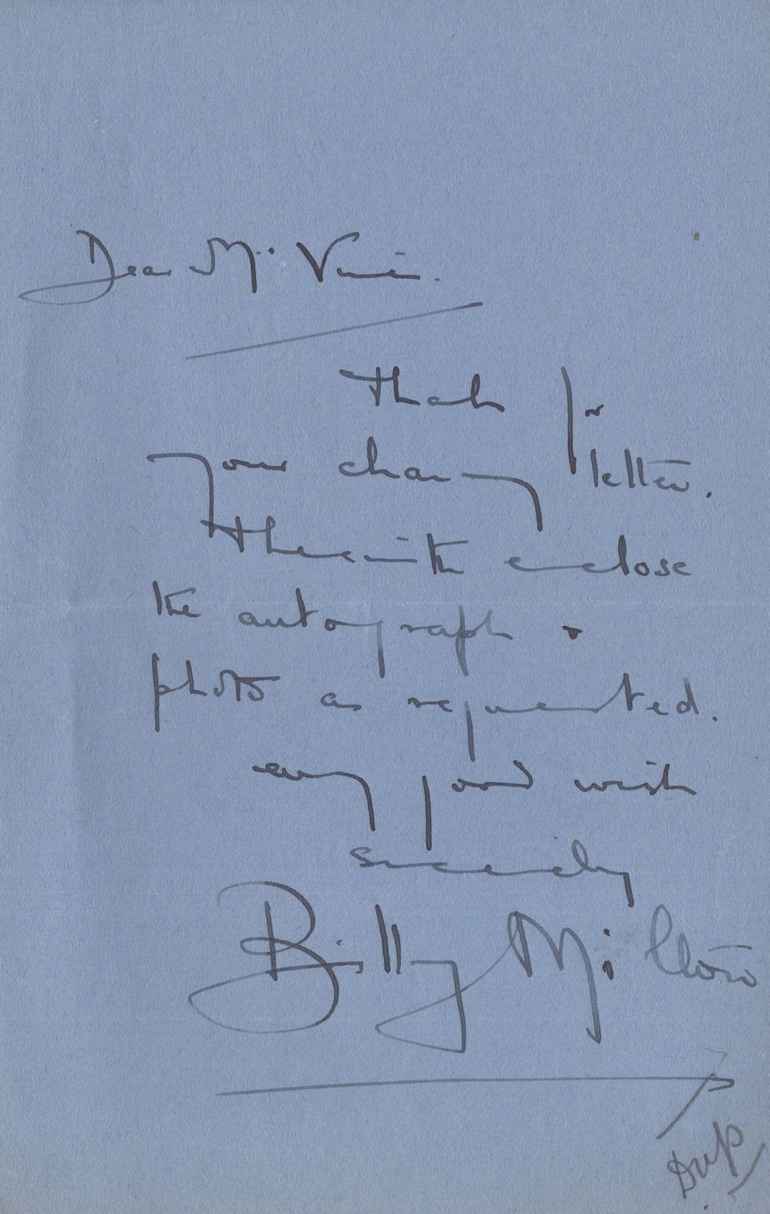 Billy Milton Film Actor James Bond Spoof Old Hand Signed Letter