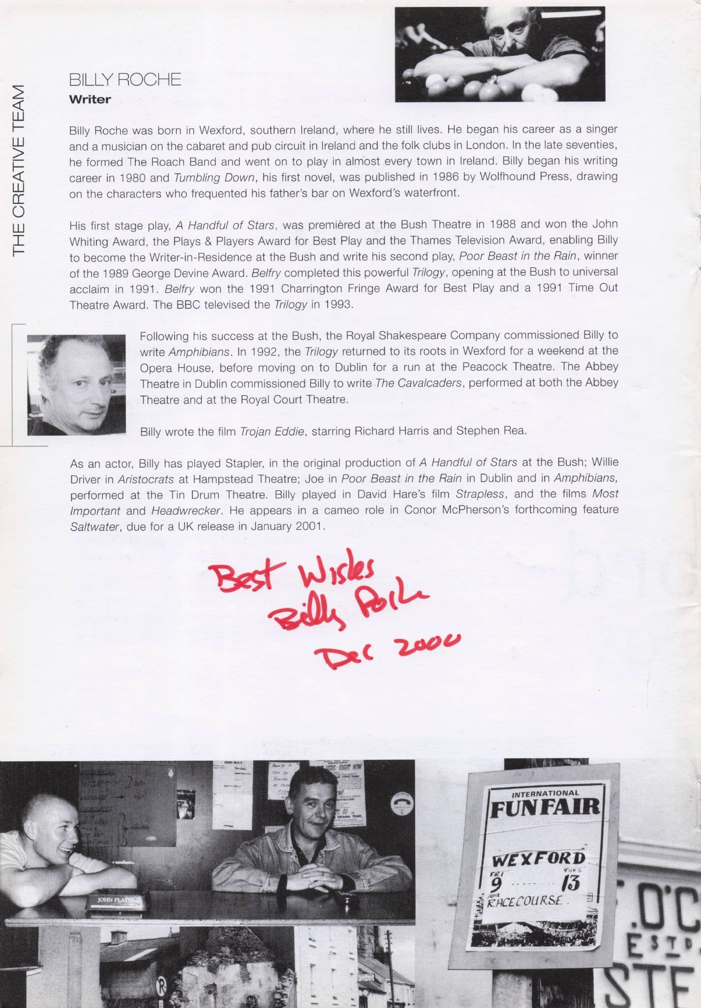 Billy Roche Irish Wexford Playwright Hand Signed Theatre Photo Page
