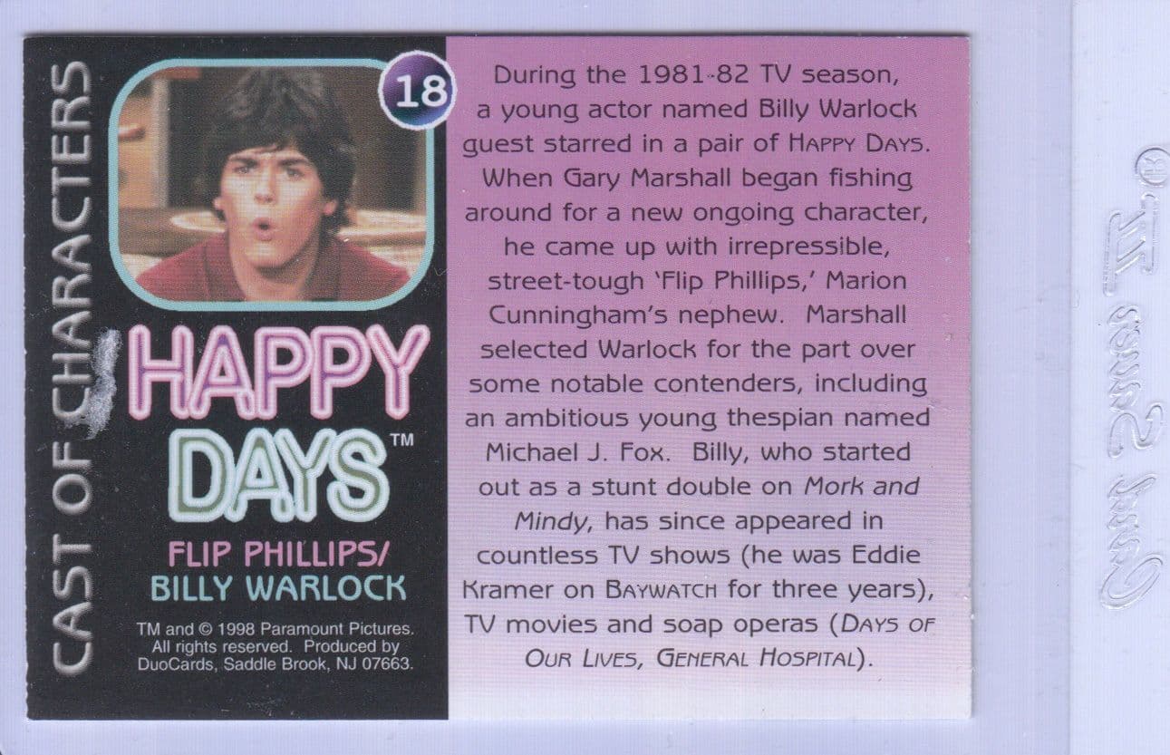 Billy Warlock as Flip Phillips in Happy Days TV Show Hand Signed Photo