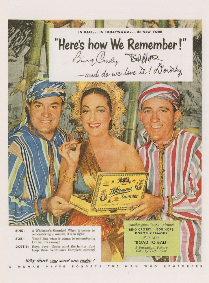 Bing Crosby Bob Hope Film Whitmans Sampler Advertising Postcard