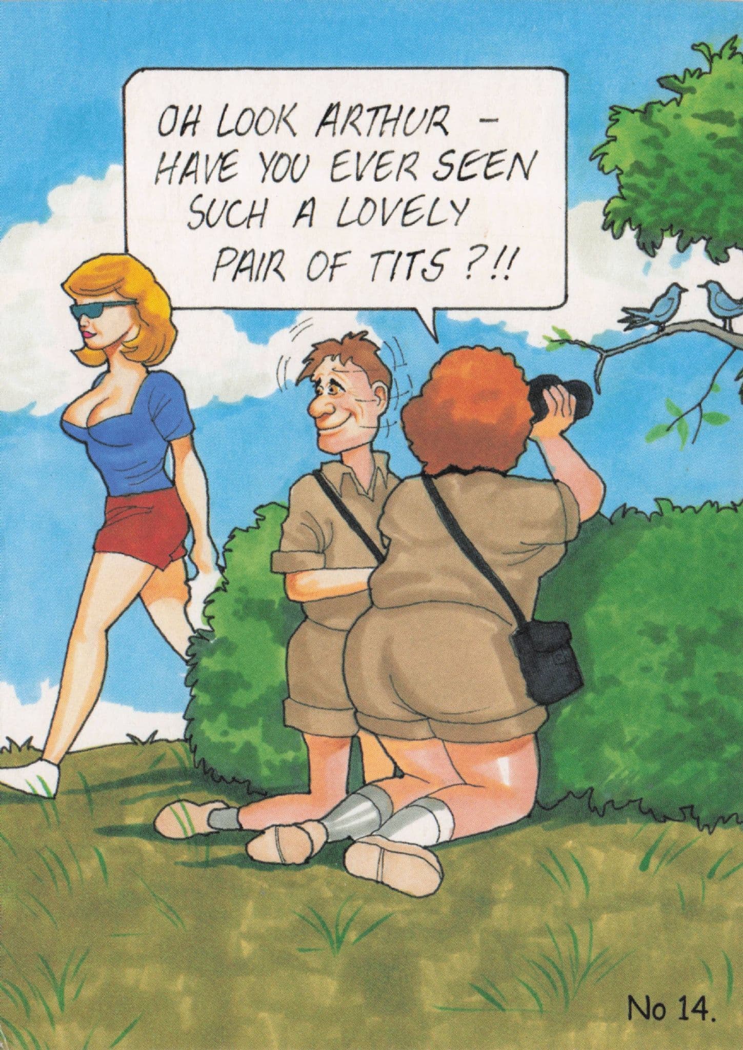 Birdwatcher Old Binoculars Blue Tit Camping Holiday Comic Postcard