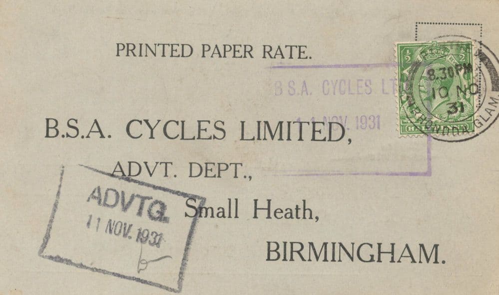 Birmingham 1931 Old BSA Motor Bike Bicycle Shop Postcard