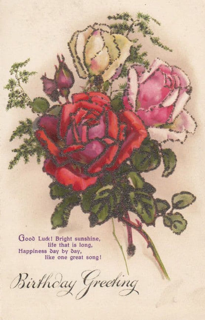 Birthday Greetings 2x REAL GLITTER ANTIQUE Postcard s