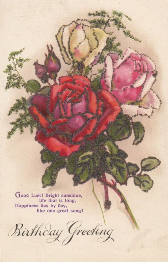 Birthday Greetings 2x REAL GLITTER ANTIQUE Postcard s