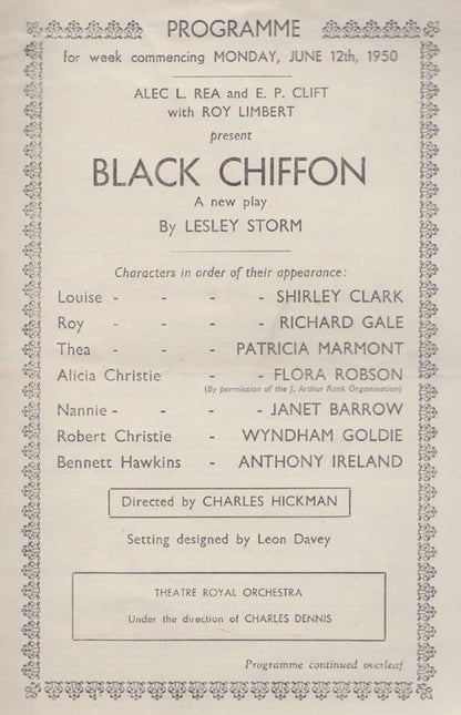 Black Chiffon Lesley Storm Flora Robson Roy Limbert Nottingham Theatre Programme
