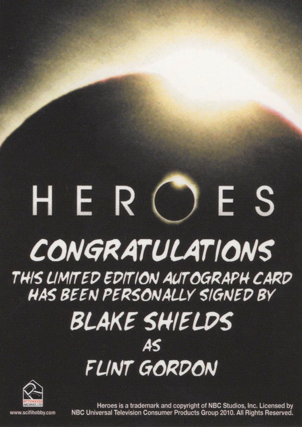 Blake Shields Heroes Hand Signed TV Show Autograph Card