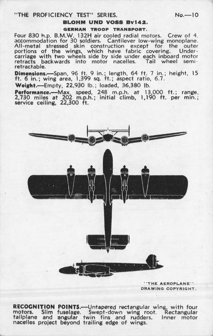 Blohm Und Voss BV142 Valentines Aircraft Recognition Card Postcard