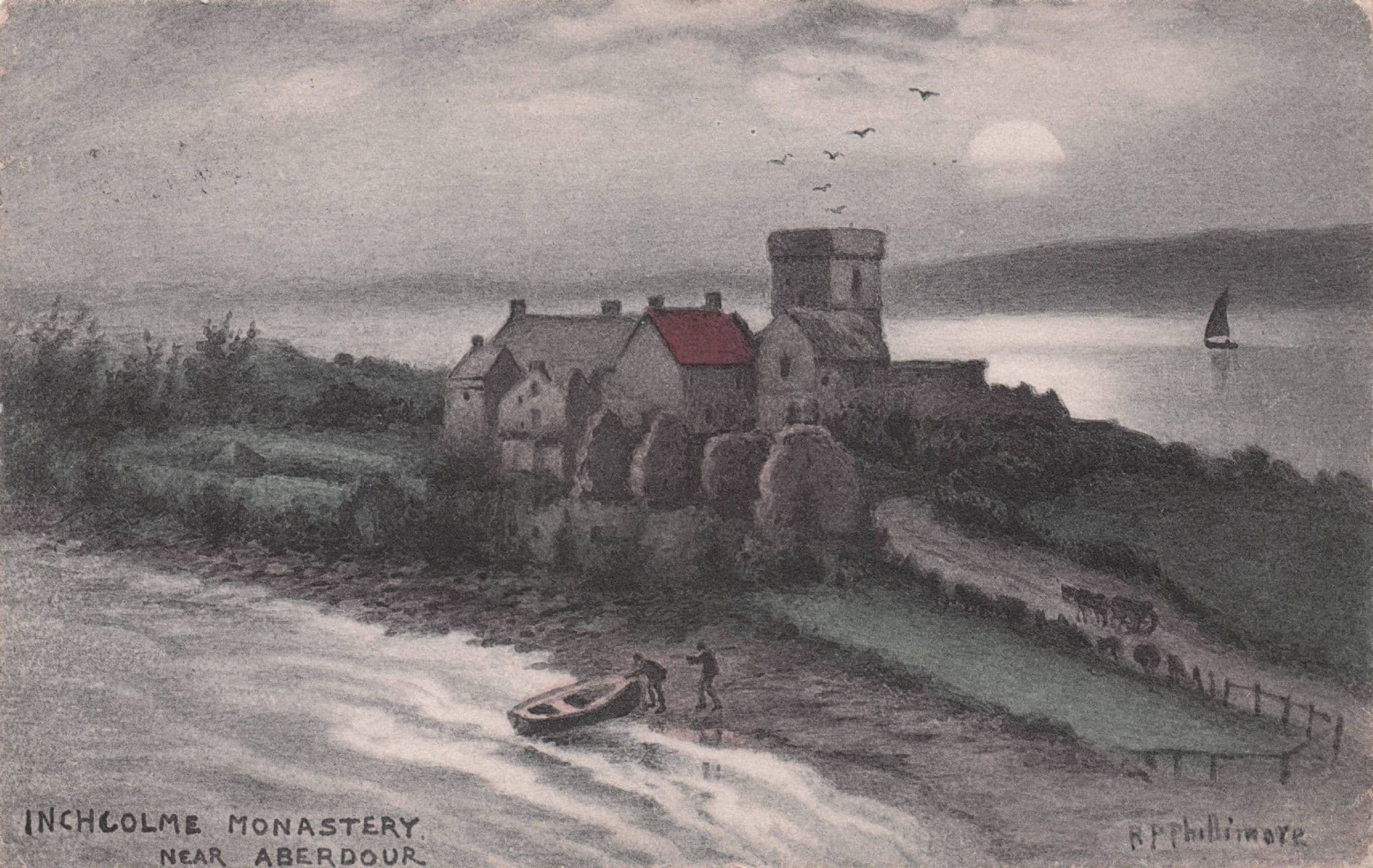 Boat Landing at Inchcolme Monastry Rare Phillimore Old Painting Postcard