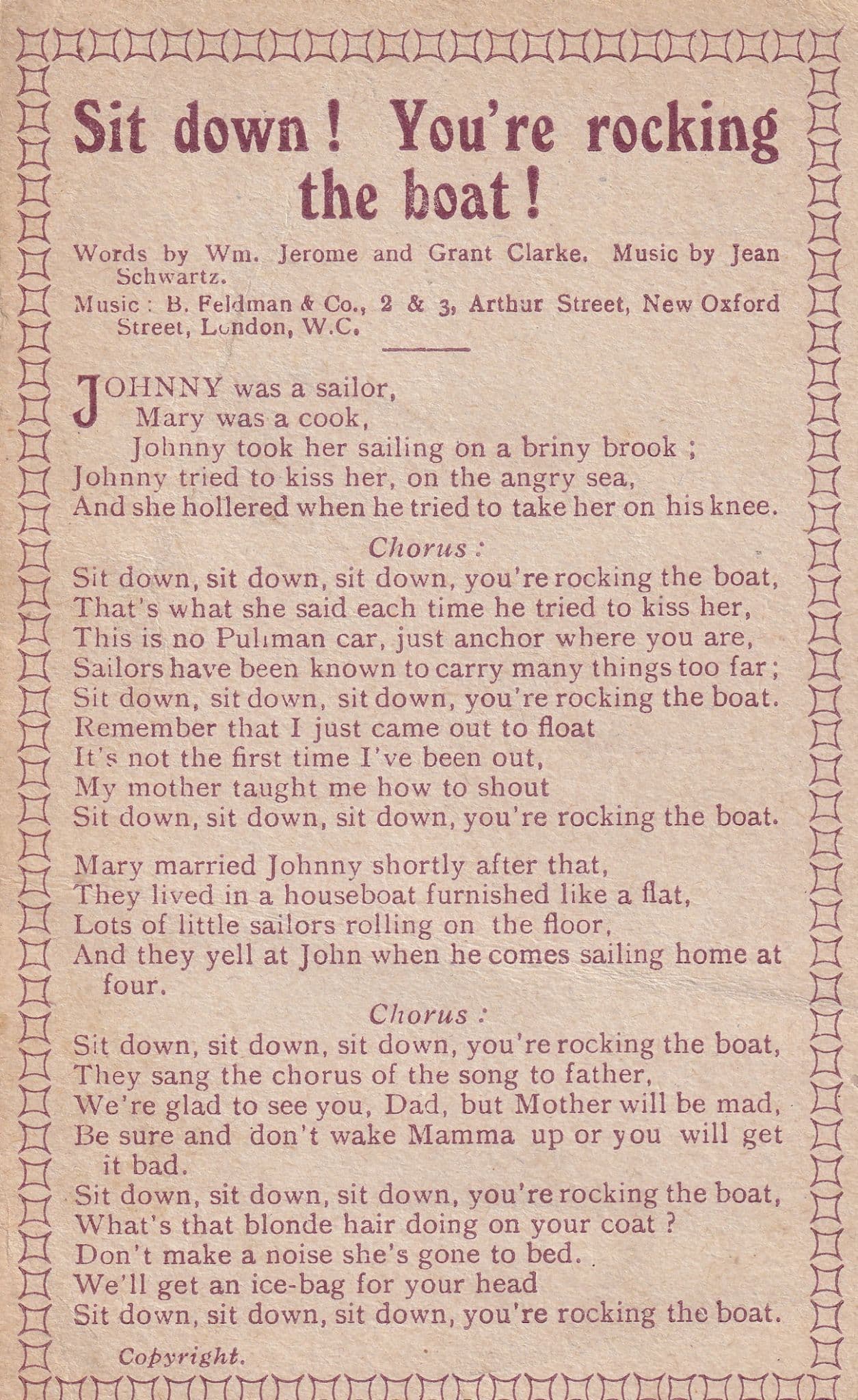 Boat Rocking Sailor Song Ship Music Antique Songcard Postcard