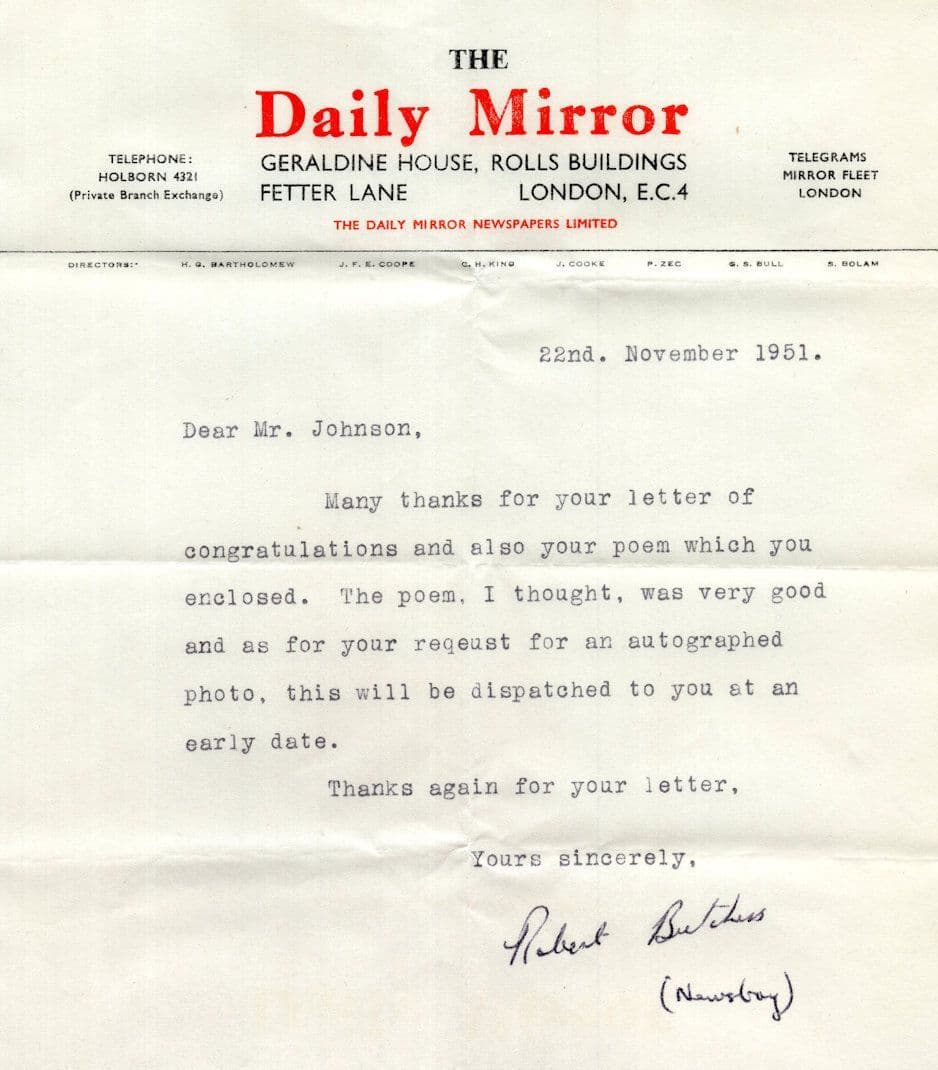 Bob Butchers Newsboy Daily Mirror Horse Race Tipster Signed Letter