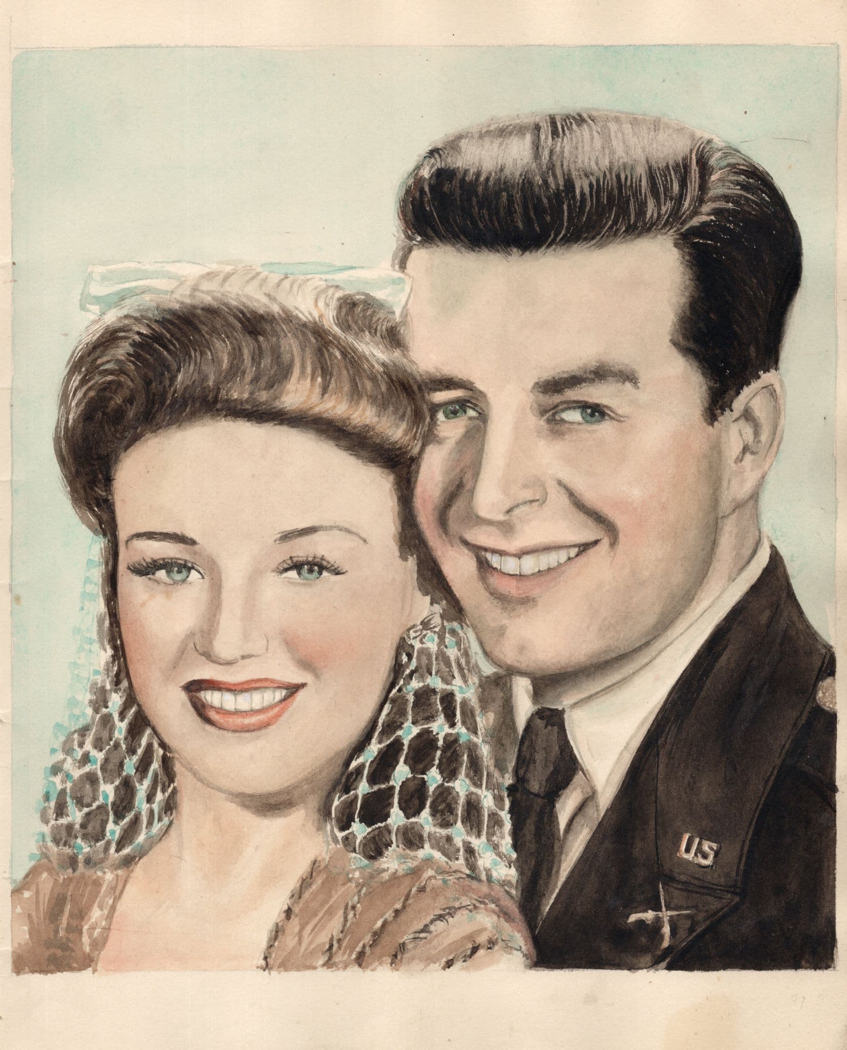 Bob Hope & Barbara Payton Large Old 10x8 Hand Painting Drawing