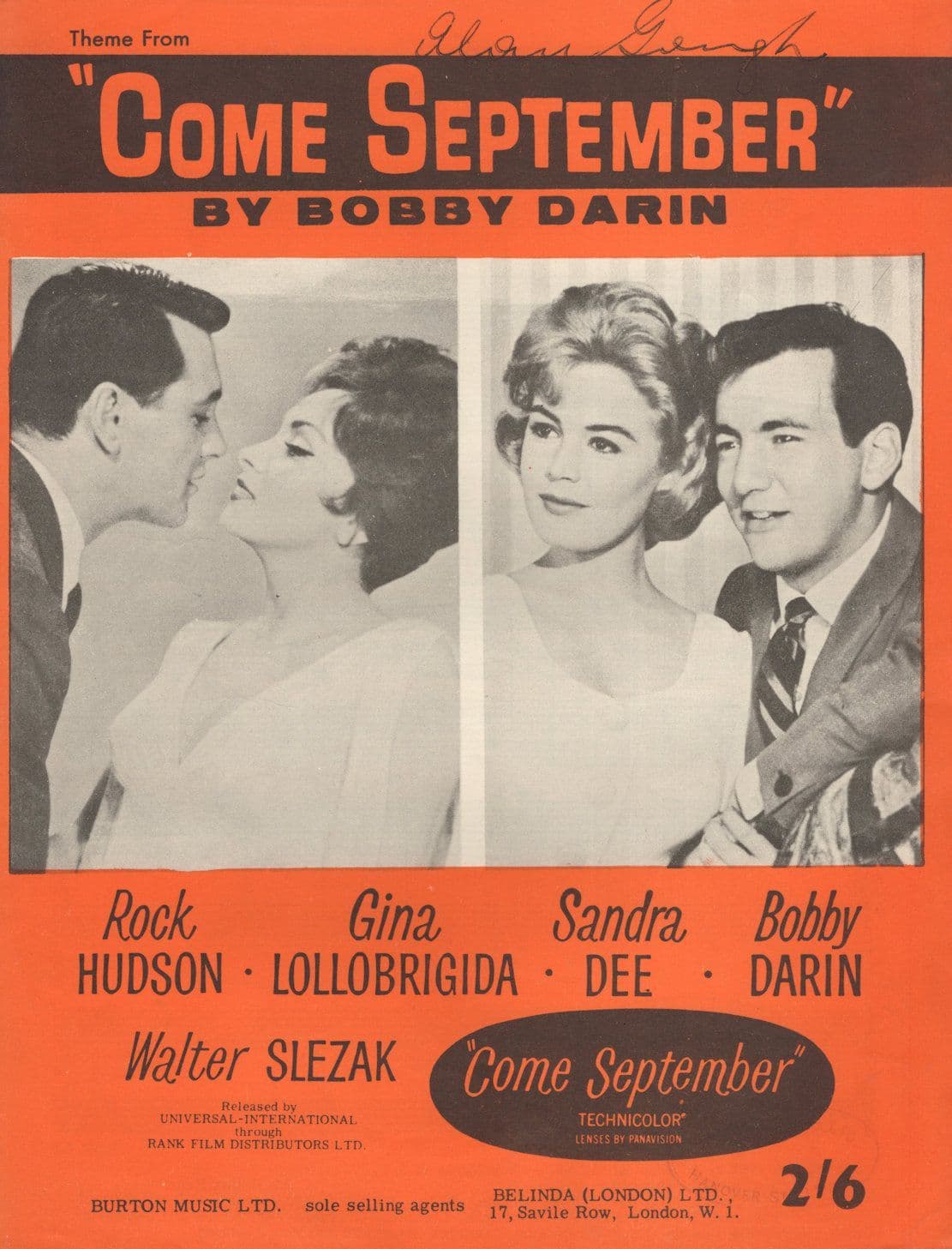 Bobby Darwin Come September Rock Hudson Sandra Dee Sheet Music