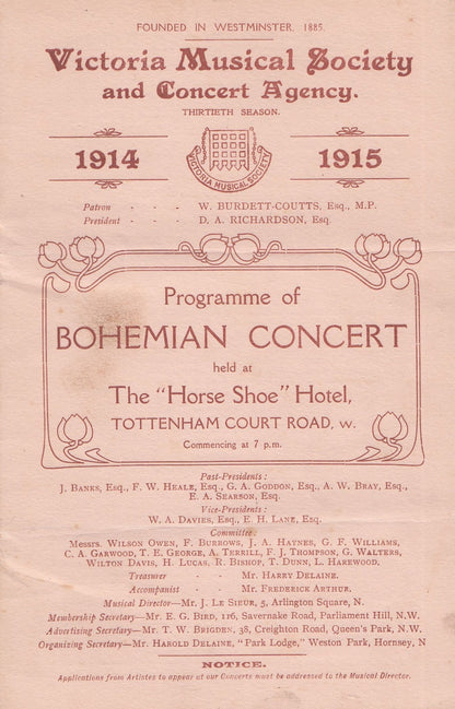 Bohemian Musical Tottenham Court Road Pub London WW1 War Theatre Programme