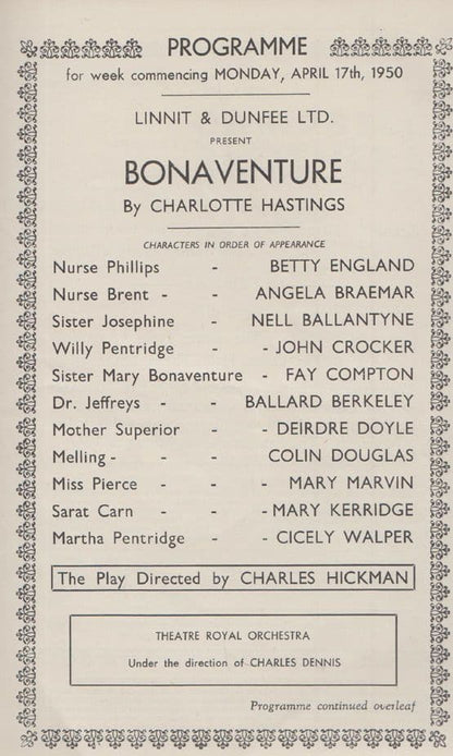 Bonaventure Mrs Aspinall Betty England Crossroads Nottingham Theatre Programme