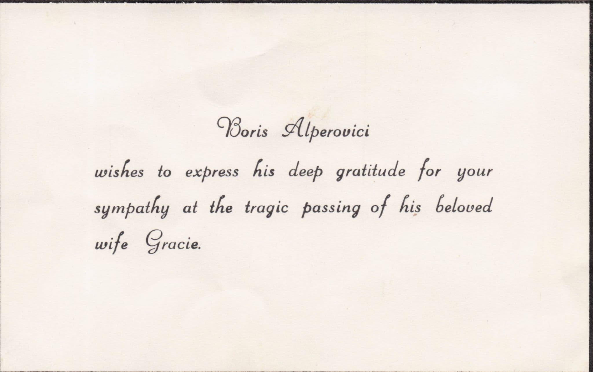 Boris Alperovici Official Condolences of Death Of Gracie Fields