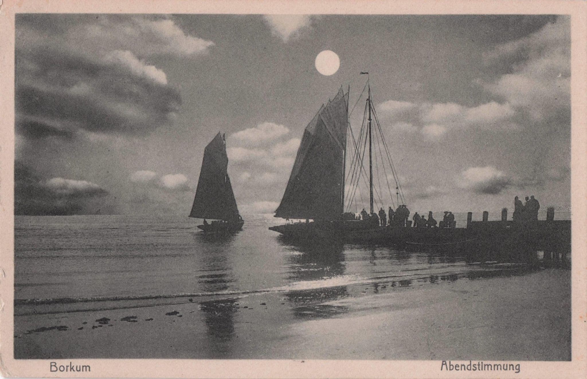 Borkum Abendstimmung German Sunset Sailing Ship Antique Postcard