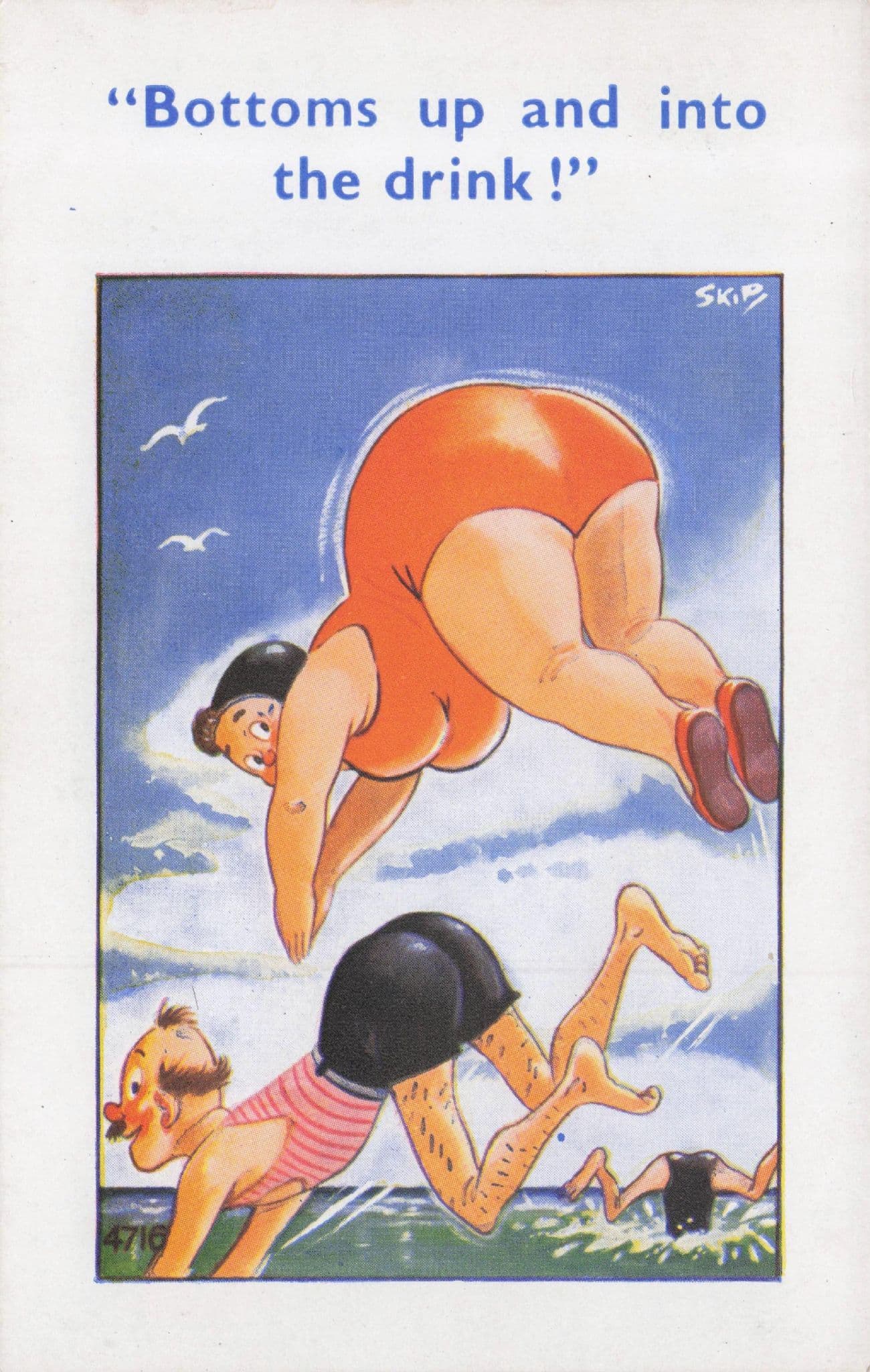 Bottoms Up & Into The Drink Deep Sea Diver 1970s Old Comic Postcard