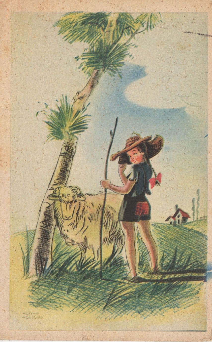 Bounty Hunter Girl with Goat Vintage Italian Art Postcard