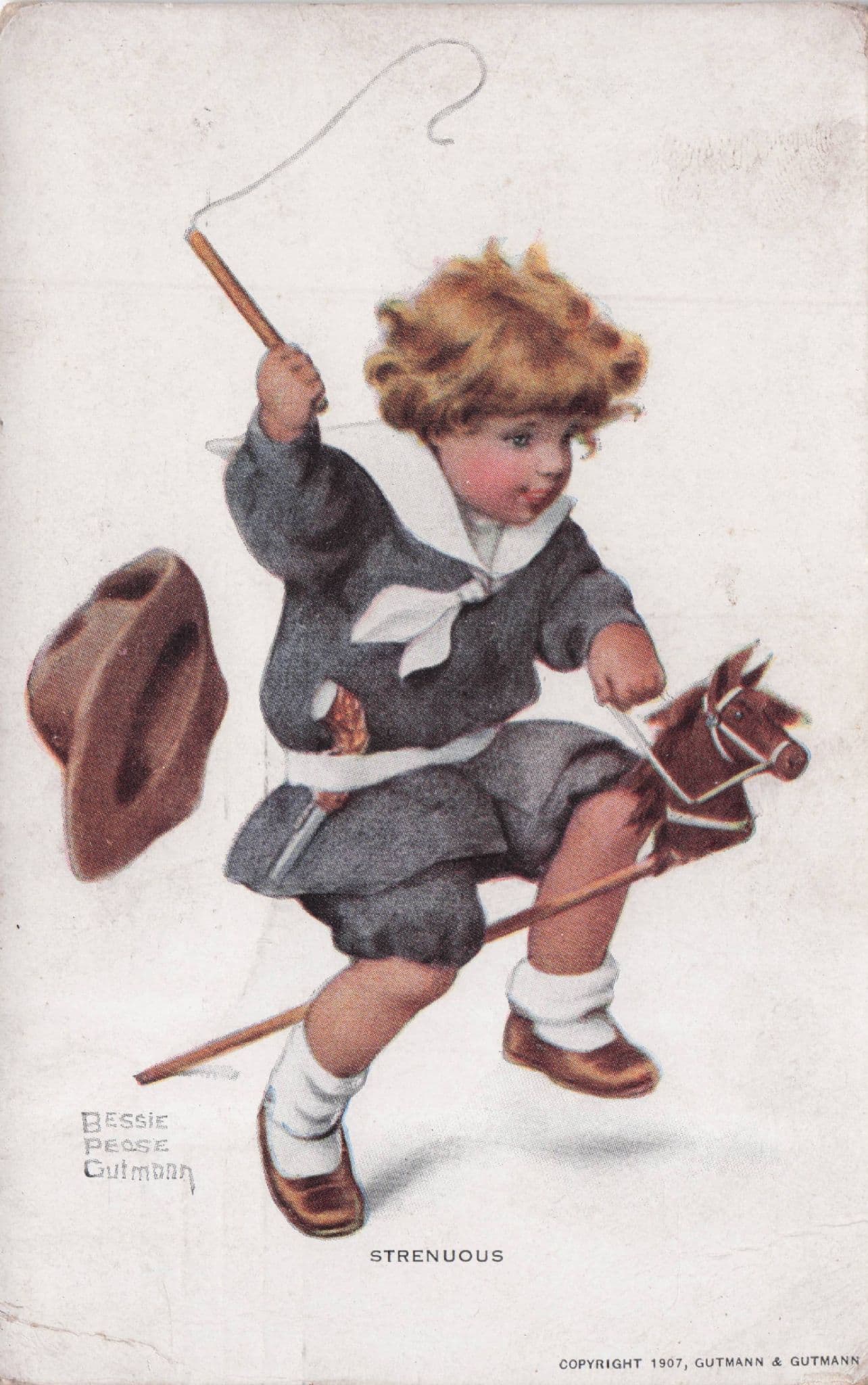 Boy Whipping Beating A Toy Rocking Race Horse Antique Comic Postcard