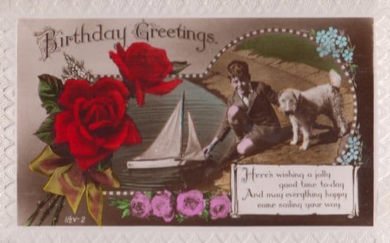 Boy With Toy Model Boat Terrier Dog Lake Greetings Antique Old Birthday Postcard