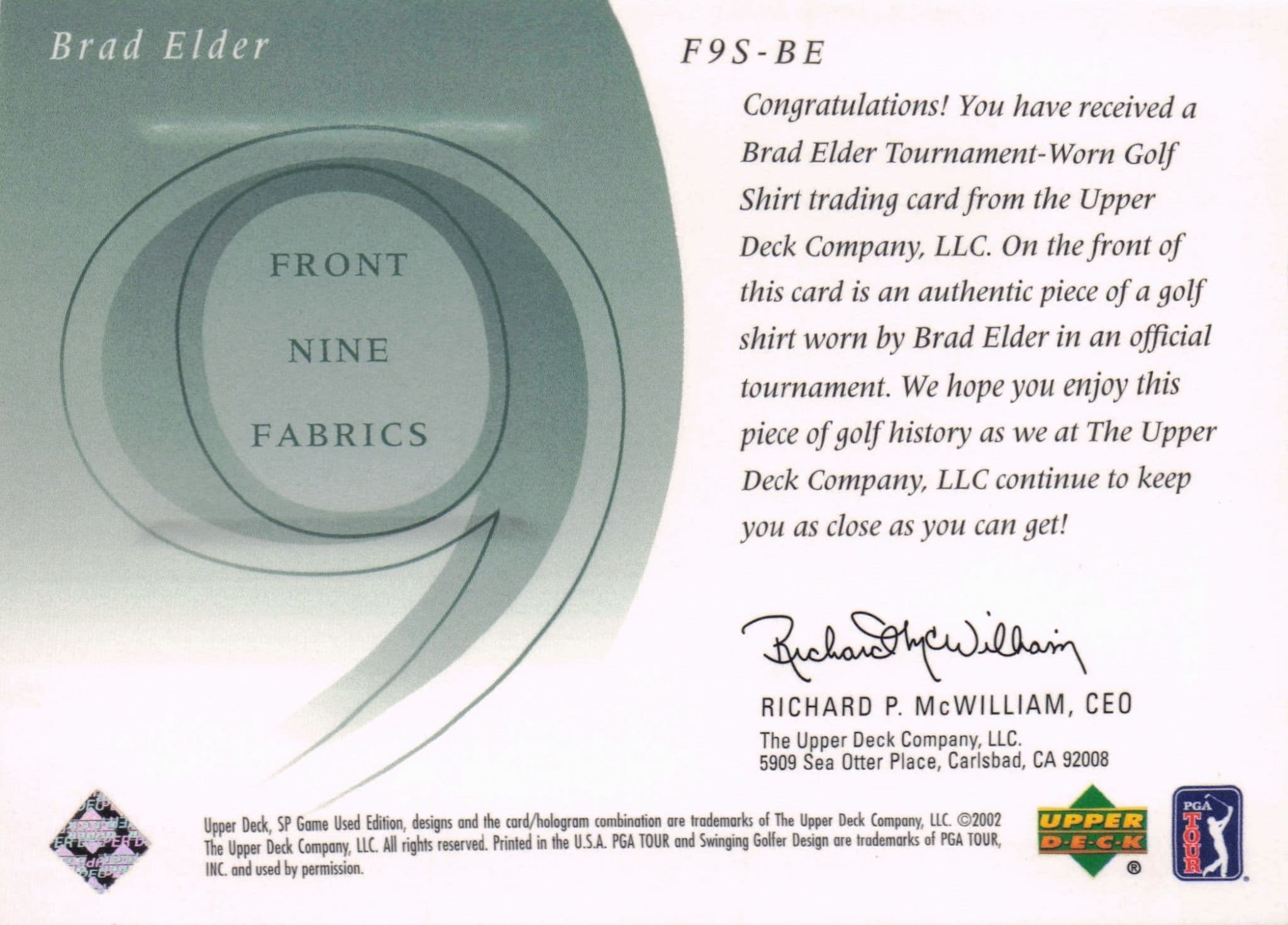 Brad Elder Front 9 Fabric 2002 Upper Deck Authentic Shirt Card