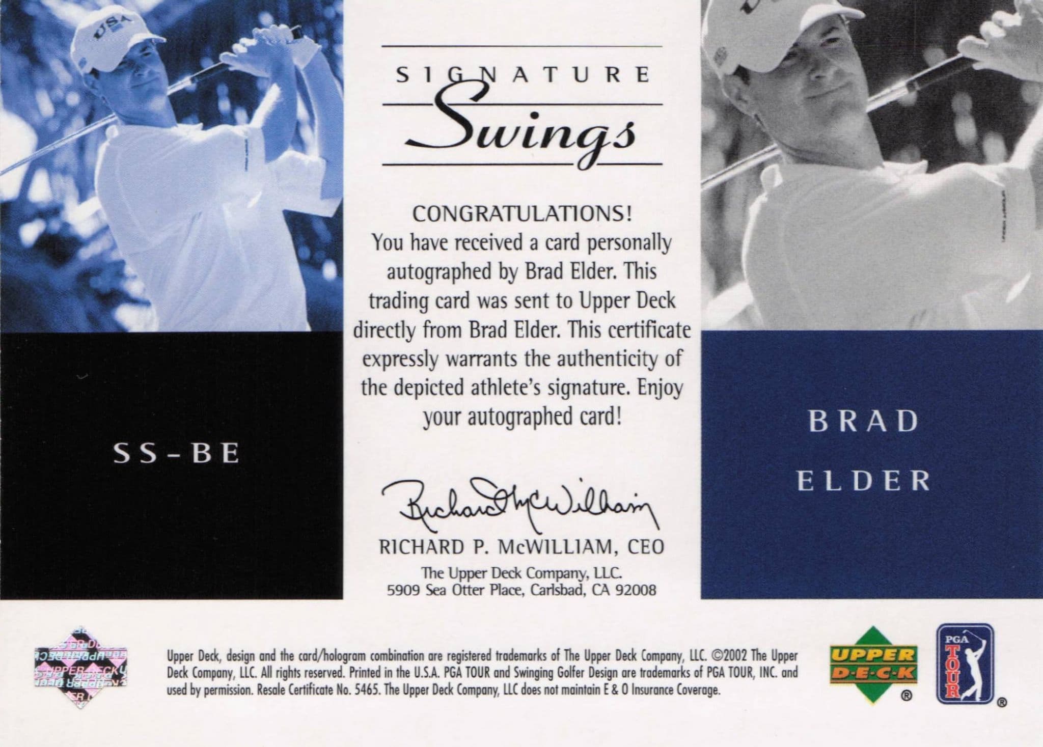 Brad Elder Signature Swings Hand Signed 2002 SP Golf Autograph Card