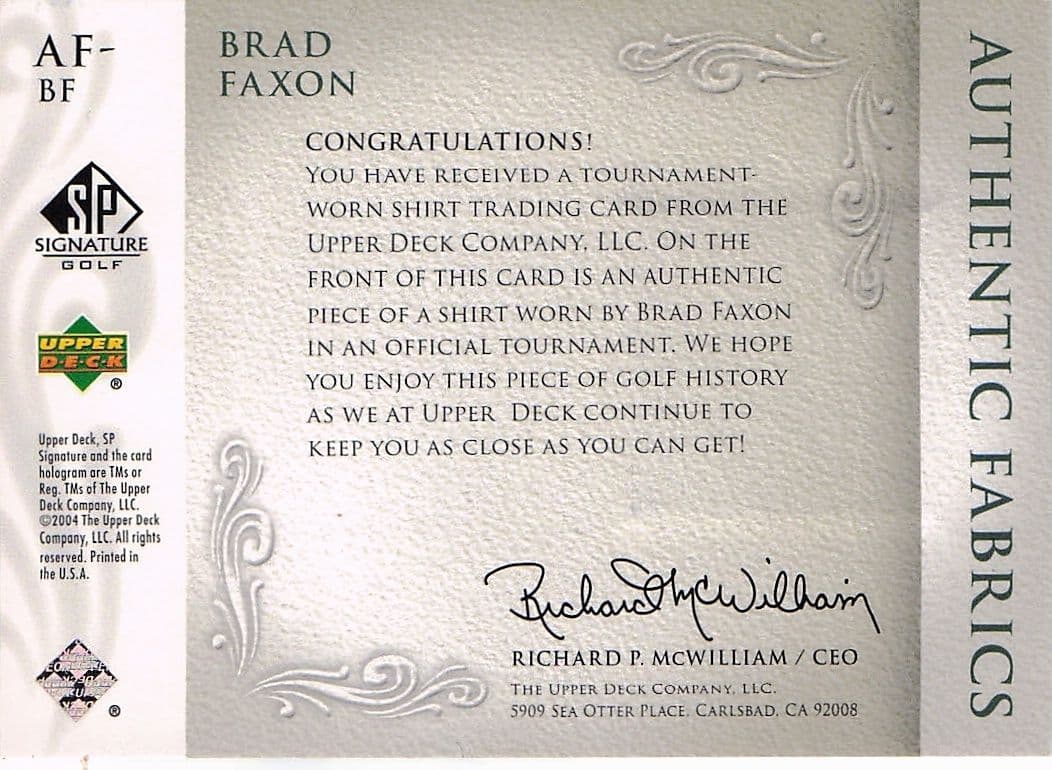 Brad Faxon Authentic Fabrics 2004 Upper Deck Real Golf Shirt Card