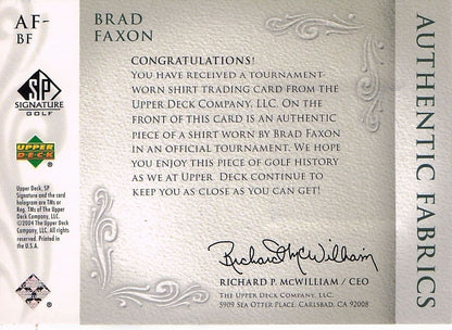 Brad Faxon Authentic Fabrics 2004 Upper Deck Real Golf Shirt Card