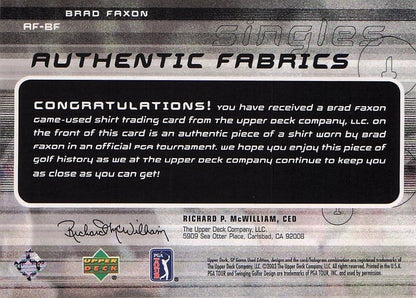Brad Faxon Authentic Fabrics Singles 2003 Upper Deck Worn Golf Shirt Card