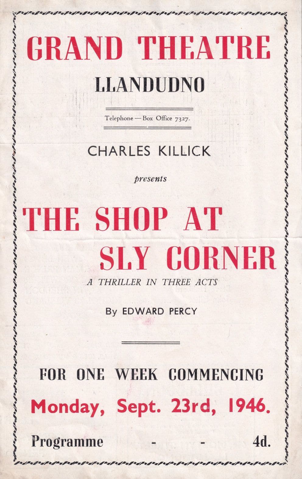 Bransby Williams The Shop At Sly Corner 1940s Welsh Theatre Programme