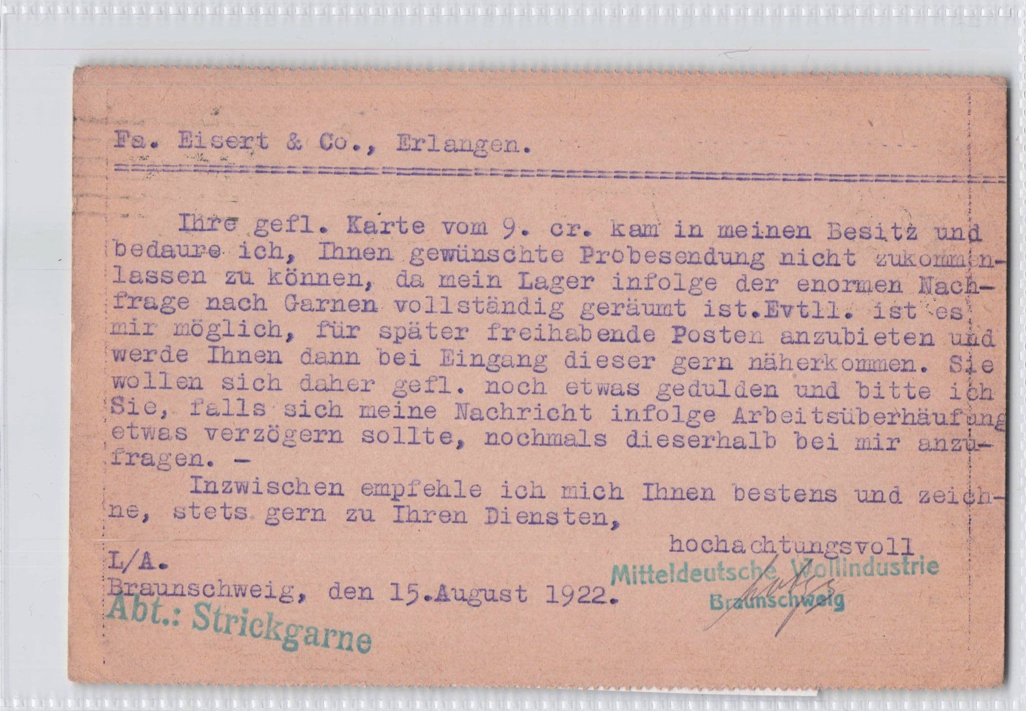 Braunschweig Wool Factory Woolen Industry German Old Postcard