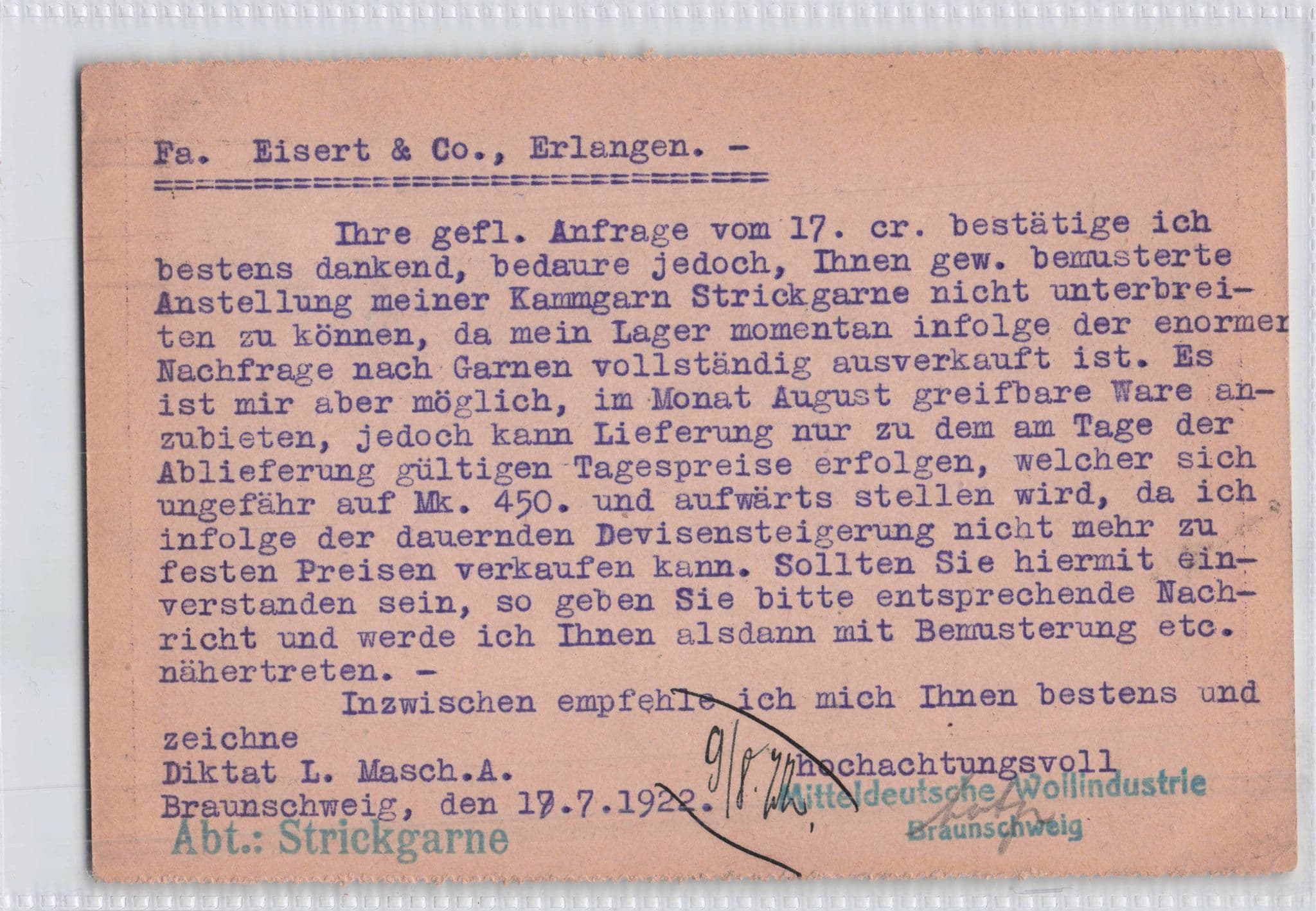 Braunschweig Wool Factory Woolen Industry Germany Old Postcard