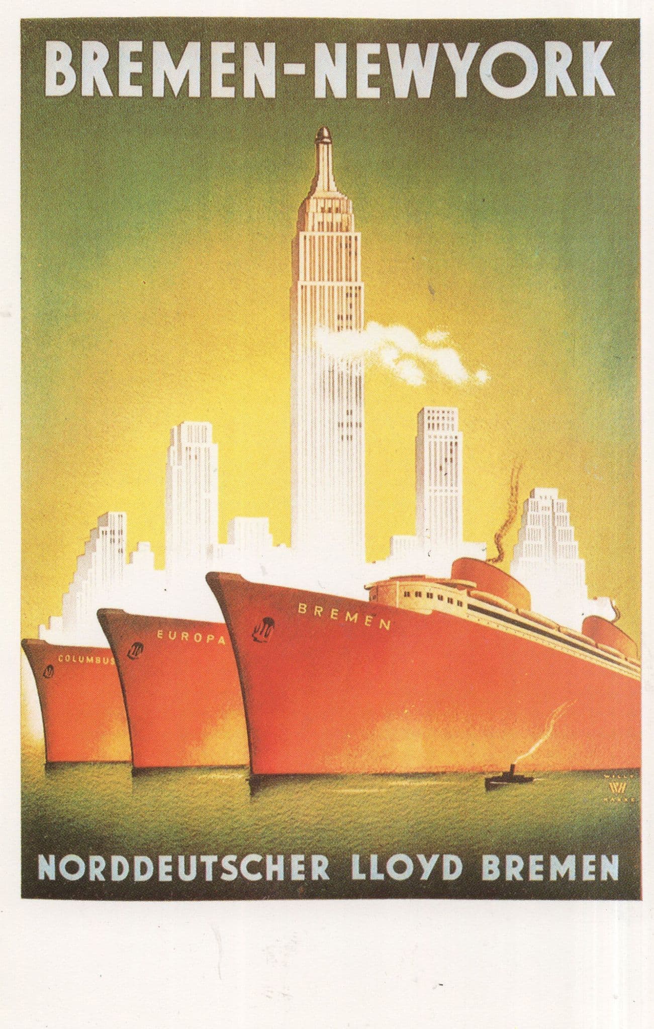 Bremen New York German Norddeutscher Lloyd Ship Poster Postcard