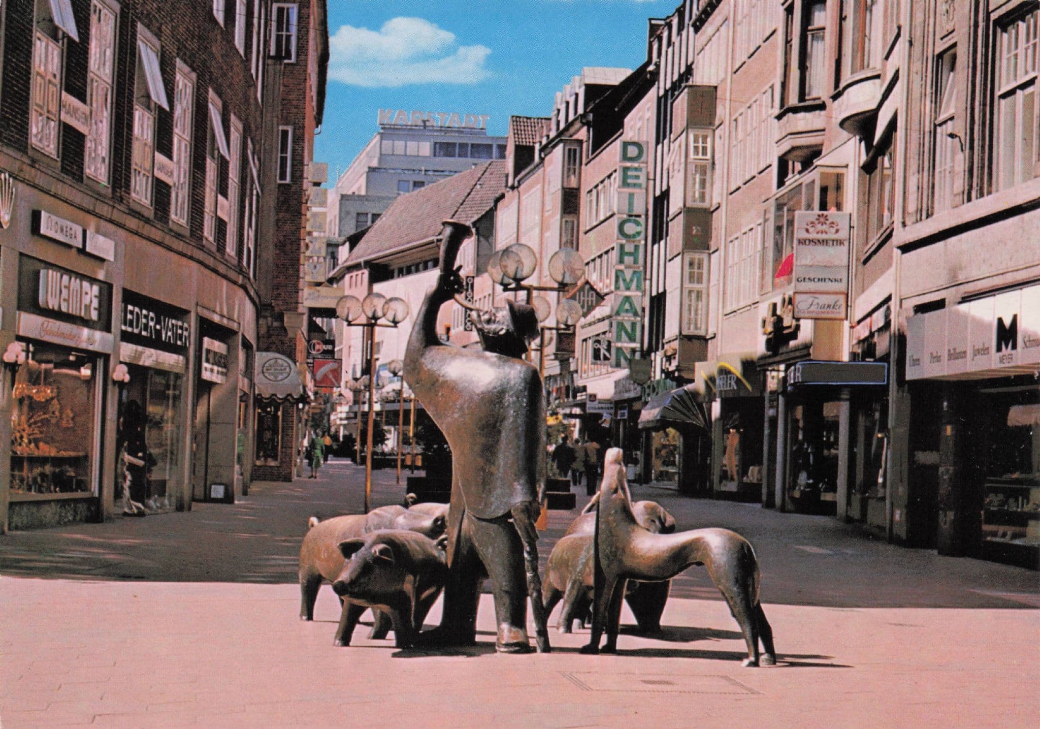 Bremen Pig Statues at Deichann Shoe Shop German Postcard