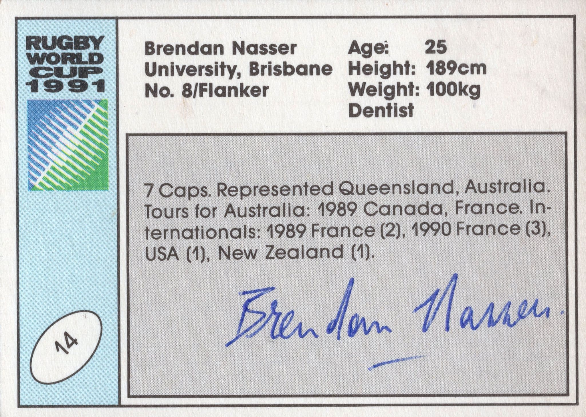 Brendan Nasser Australia Hand Signed Rugby 1991 World Cup Card Photo