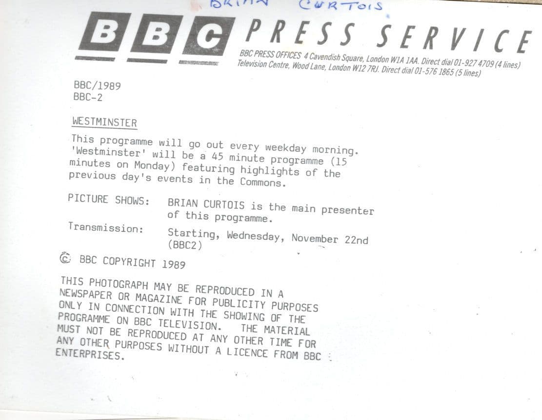 Brian Curtois Westminster BBC TV News Show Launch 1989 Press Photo