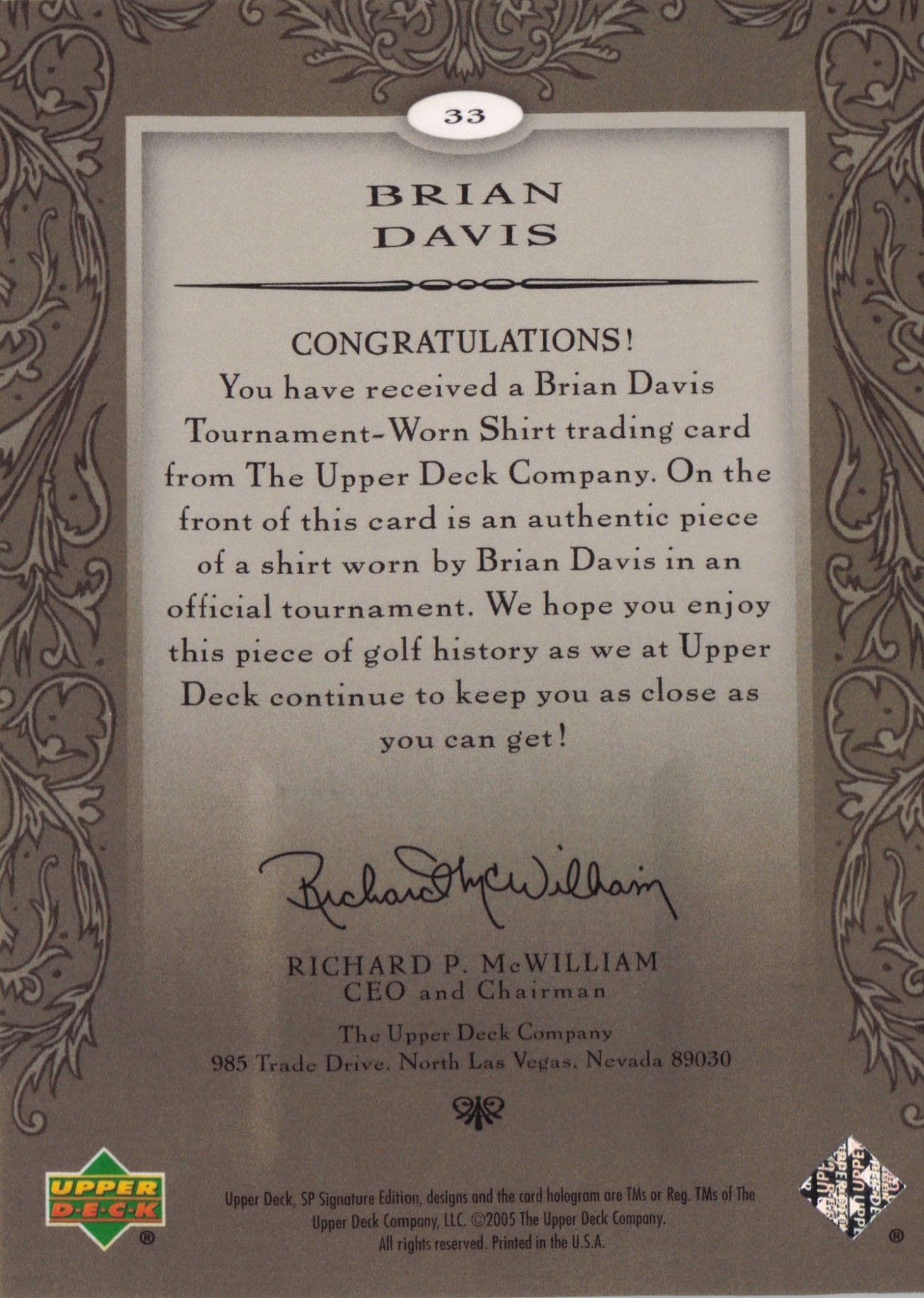 Brian Davis First Tee SP 2005 Golf Upper Deck Relic Shirt Card