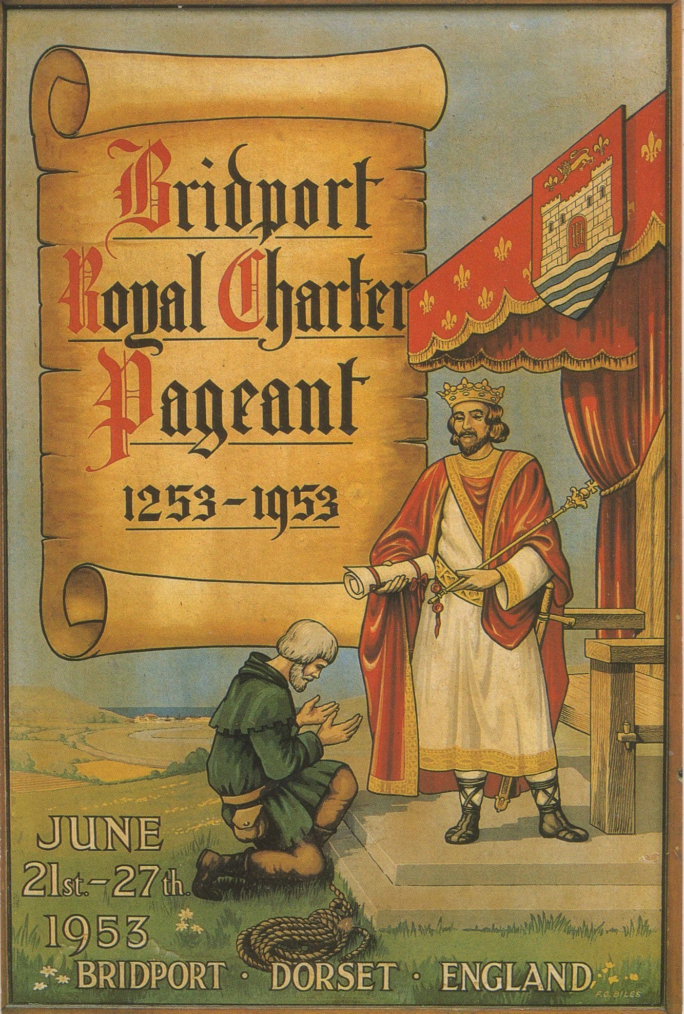 Bridport Royal Charter Pageant Dorset 1953 Poster Painting Postcard