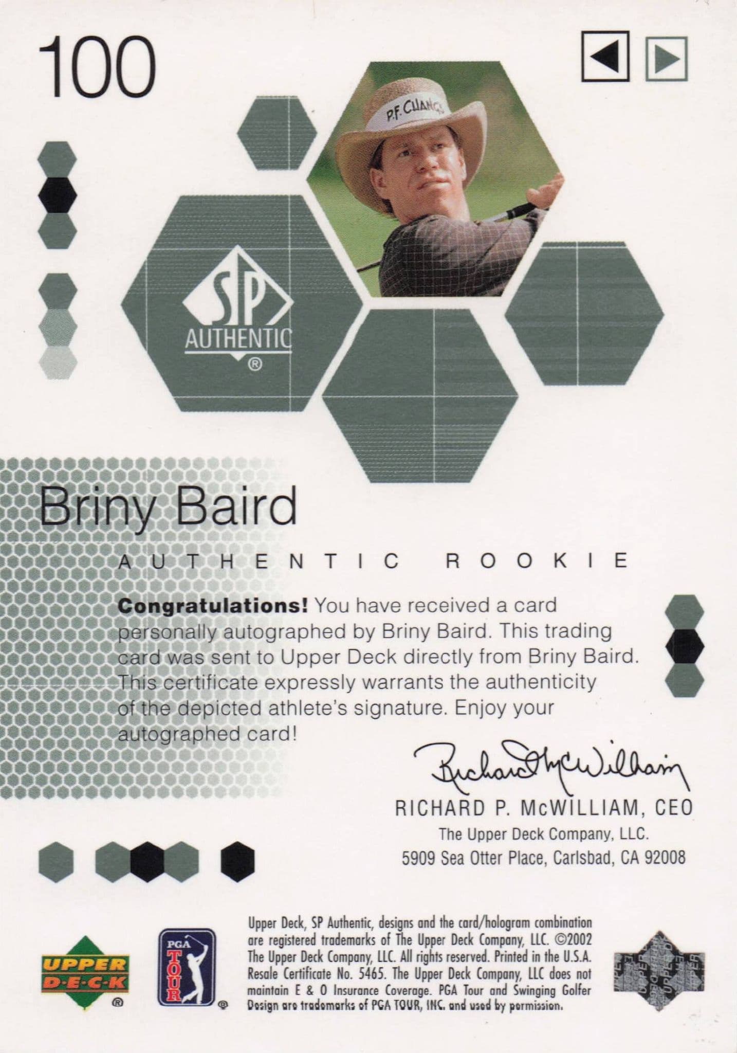 Briny Baird Authentic Rookie 2002 Golf SP Hand Signed Autograph Card