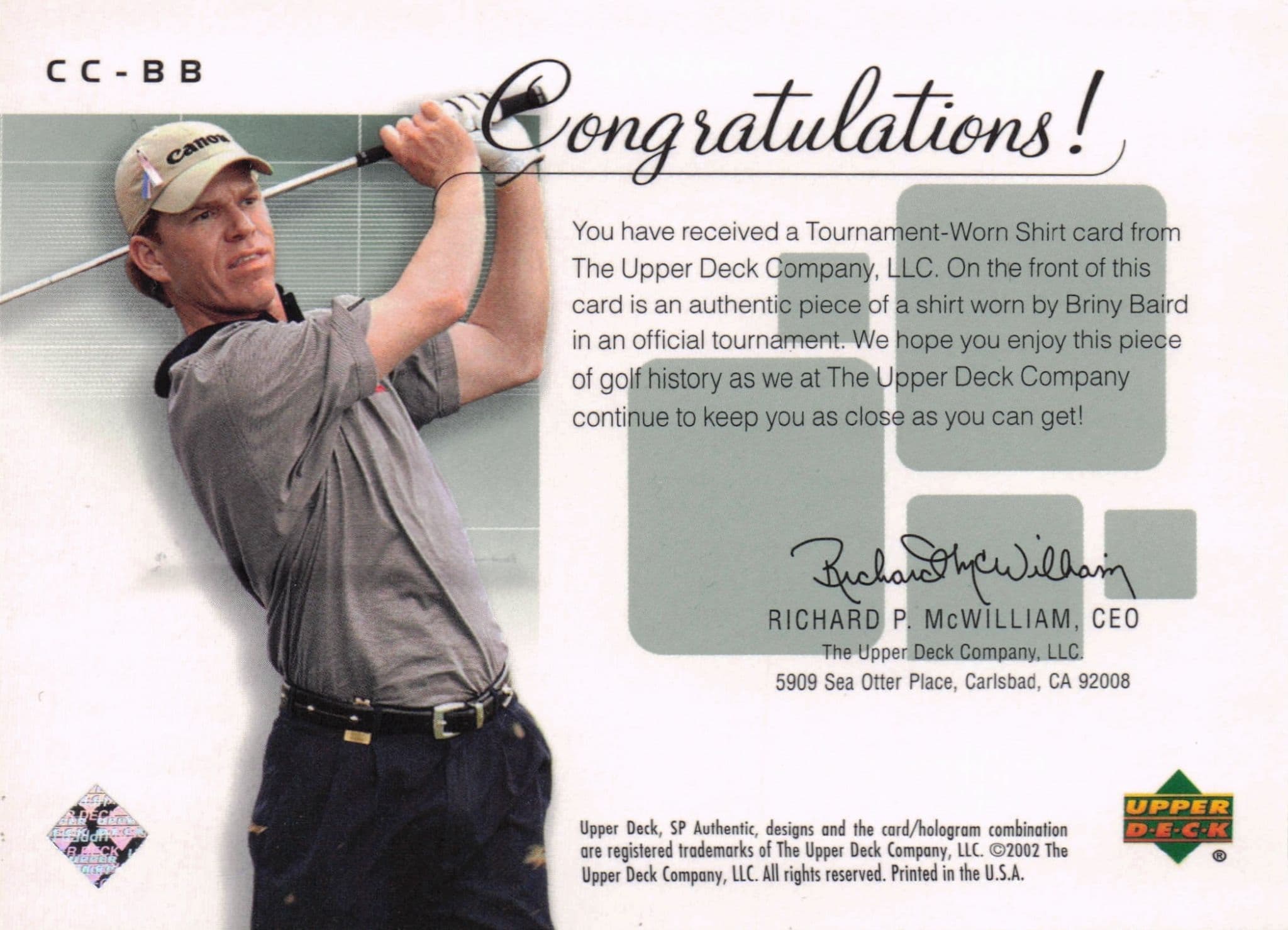 Briny Baird Course Classics Upper Deck 2002 Real Relic Golf Shirt Card