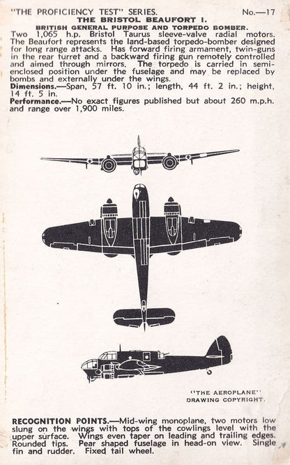 Bristol Beaufort 1 Valentines Aircraft Recognition Plane Postcard