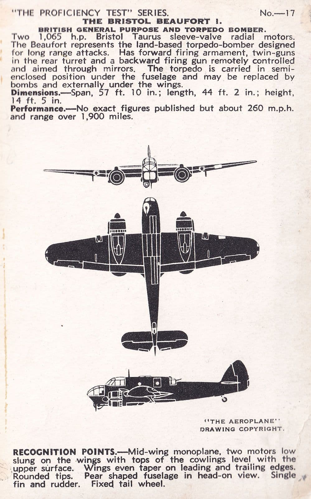 Bristol Beaufort 1 Valentines Aircraft Recognition Plane Postcard